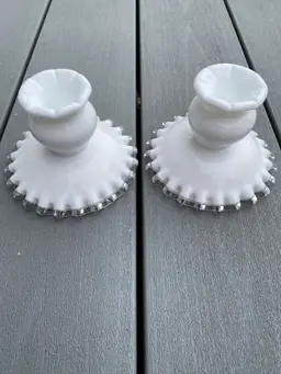 PAIR OF FENTON MILK GLASS SILVER CREST  CANDLESTICKS