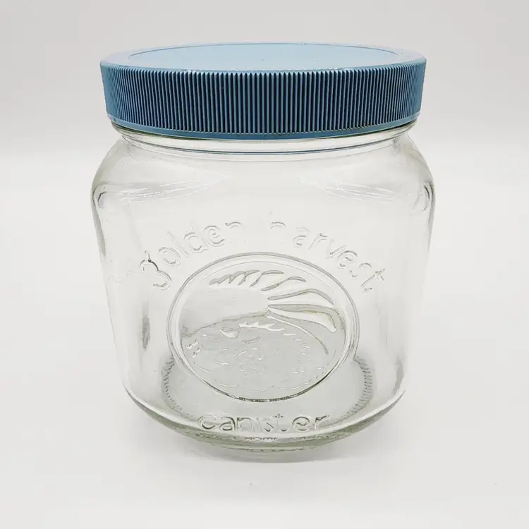 Vintage Golden Harvest 5.5" Tall Glass Canister Jar with Green Screw on Lid