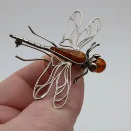 Vintage Artisan Sterling Silver & Amber Dragonfly Pin/Brooch