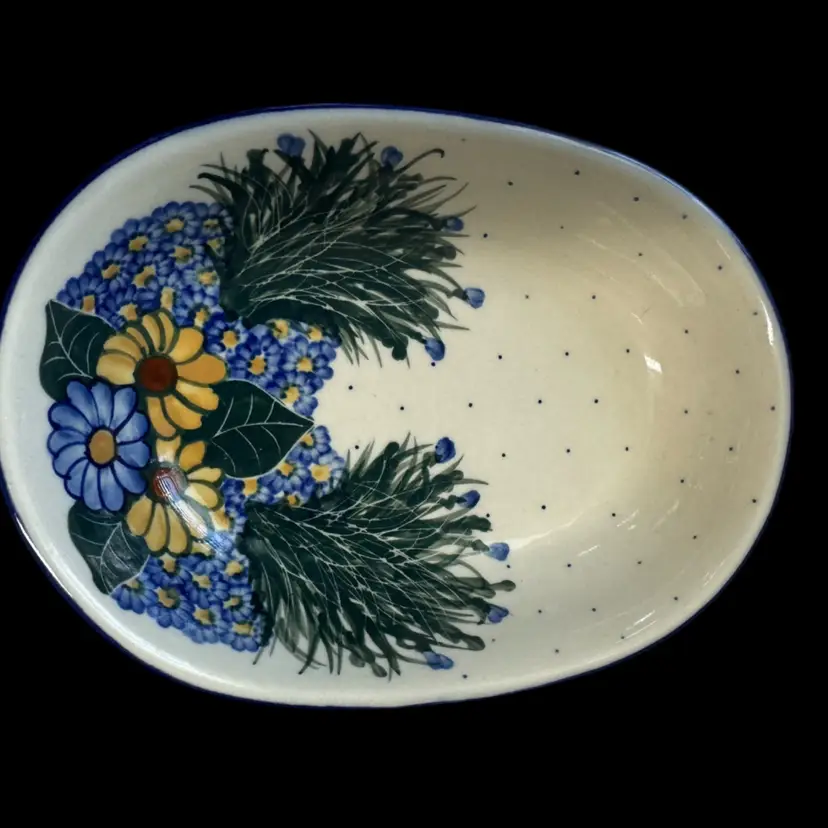 Polish Pottery Shallow Oval Bowl With Wildflower Design