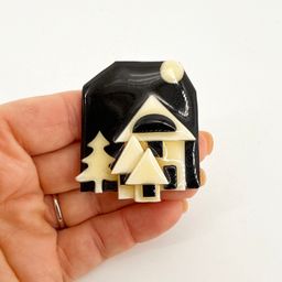 House Pins By Lucinda 2"x2.25" Black & White Brooch Pine Tree