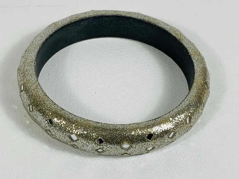 Sparkly Shinny  Vintage Silver With Three Rows Of Mirror Glass Decorations On Some Type Of Plastic Bangle 