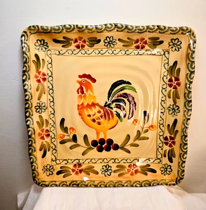 Chanticleer Rooster Platter Folk style- 11" square. Hand painted.