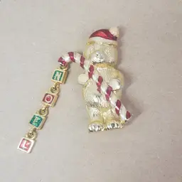 Free Ship...Teddy Bear with Candy Cane Noel Christmas Enamel Brooch Gold tone Vintage