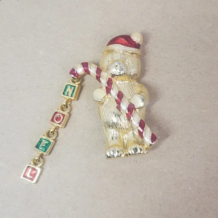 Free Ship...Teddy Bear with Candy Cane Noel Christmas Enamel Brooch Gold tone Vintage