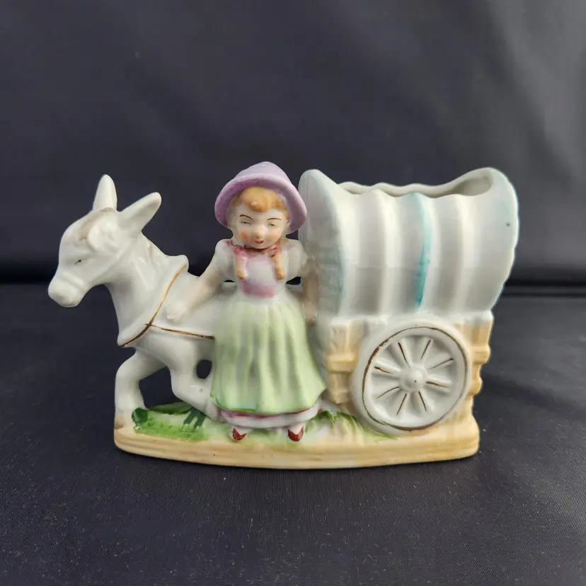 Pioneer Girl in Bonnet w Mule & Covered Wagon Planter Posey Vase or Pen Pencil Brush Holder in Pastel Colors - Japan