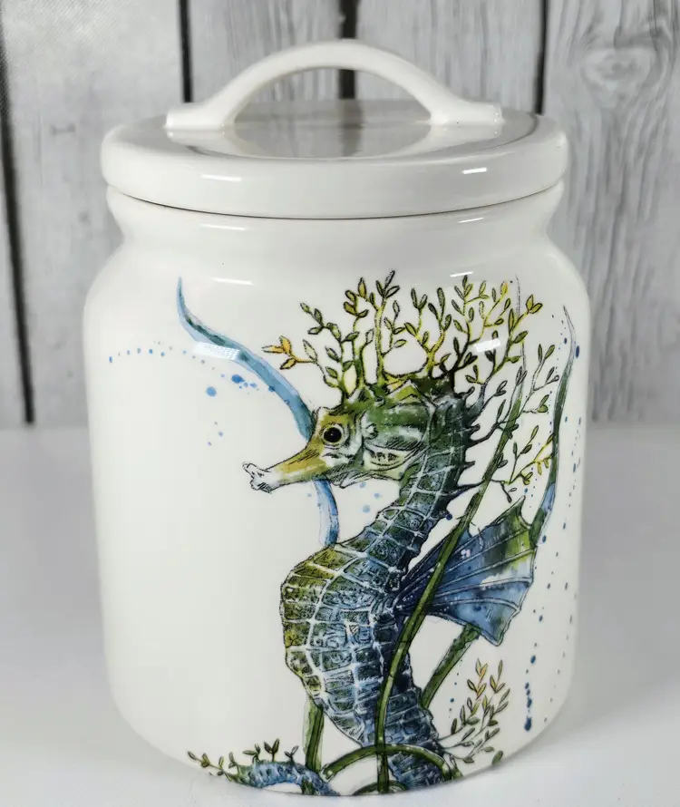 Pier 1 Sea Life Canister Ironstone Seahorse 7.5” x 5.5 Storage Jar Coastal Decor