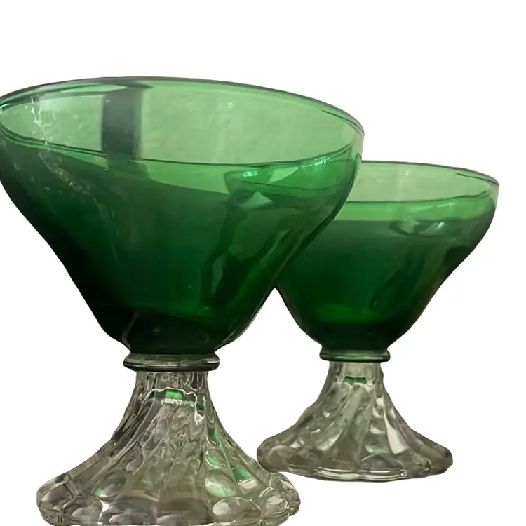 Vintage 1950s Anchor Hocking Bubble Stem Forest Green Sherbet / Dessert Glasses (Set of 4