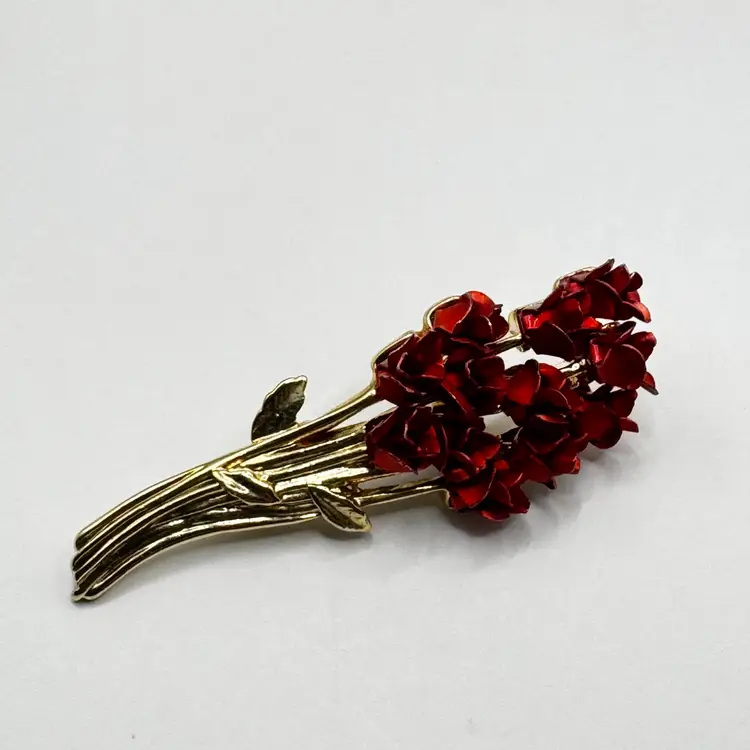 Vintage 1997 Red Enamel Floral Brooch with Gold-Tone Stems, Stamped by David Monn, Made in New York