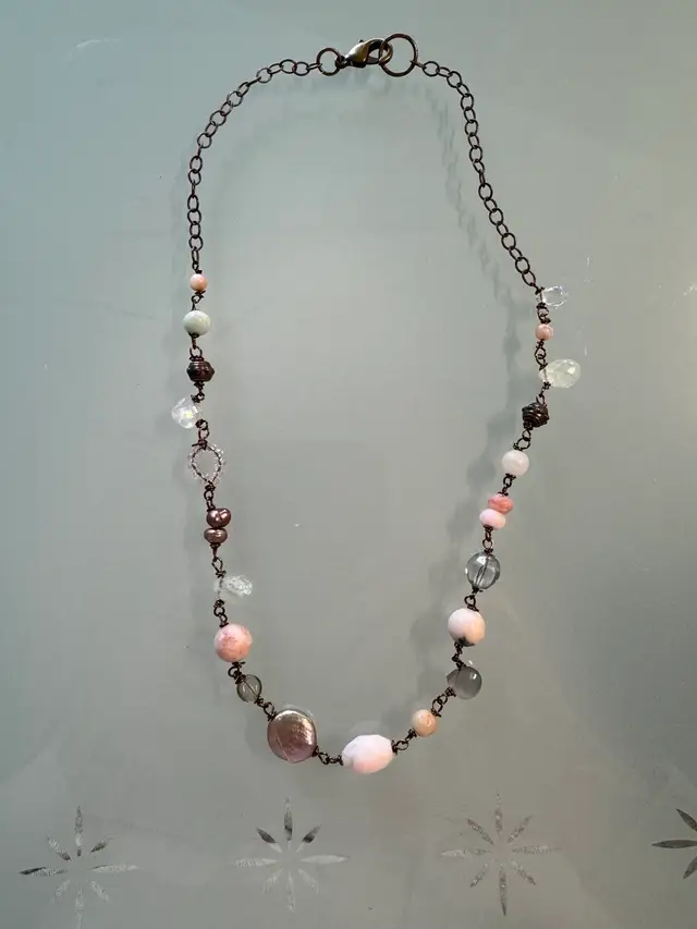 #32 Artistically Adorned Multi Gemstone Necklace Glass Vintage Beads Antique Brass Chain 17”