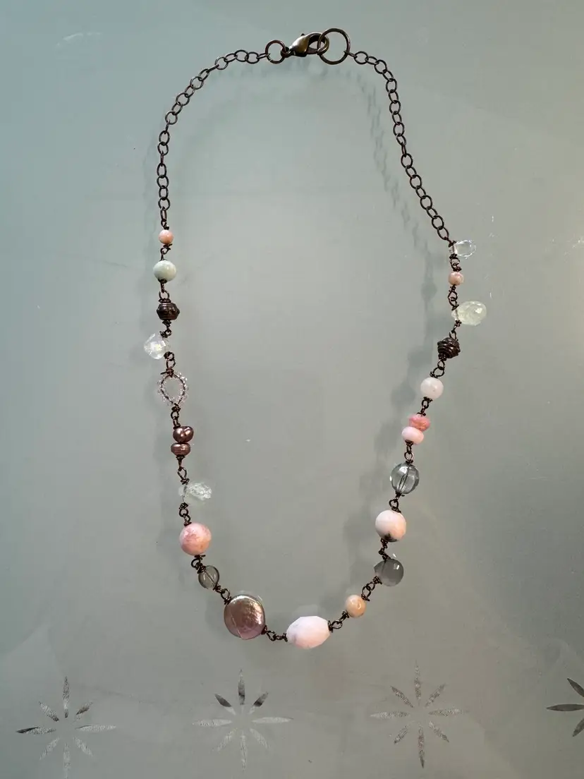 #32 Artistically Adorned Multi Gemstone Necklace Glass Vintage Beads Antique Brass Chain 17”