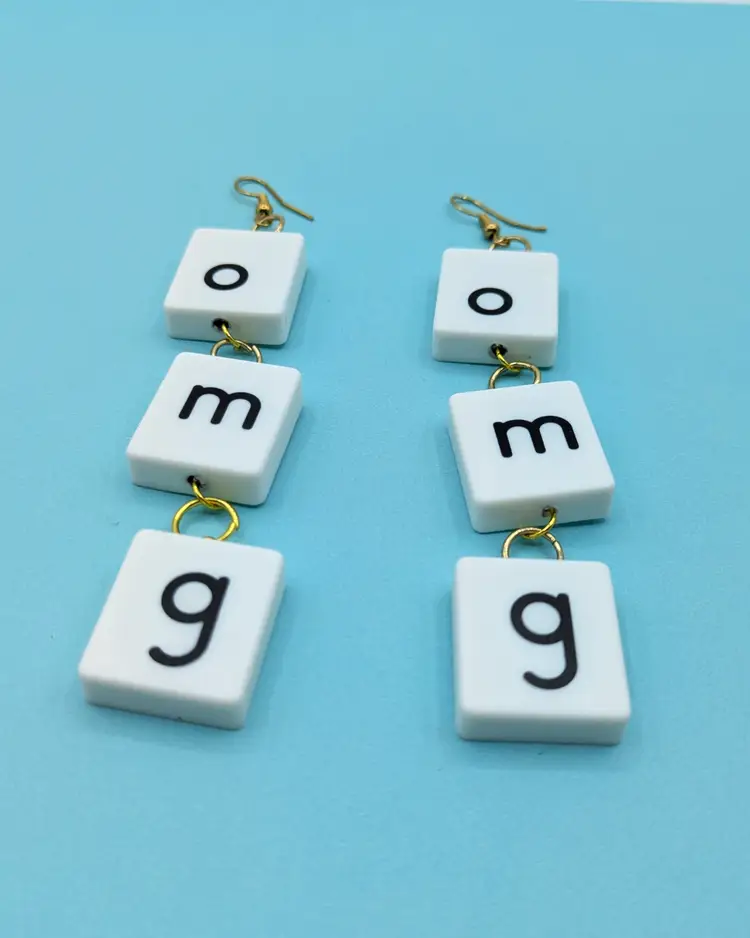 "OMG" Tile Letter Chain Dangling Earrings