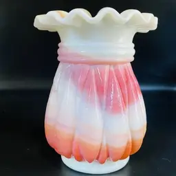 Glowy! Vintage Kanawha Glass Vase Apricot Cream and White Slag Ruffled Rim cadmium