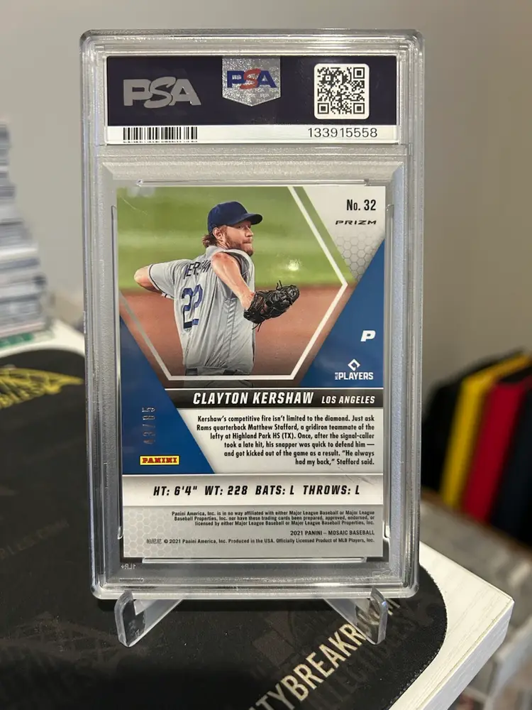2021 Panini Mosaic Clayton Kershaw Quick Pitch Blue Prizm PSA 10 Card No. 32