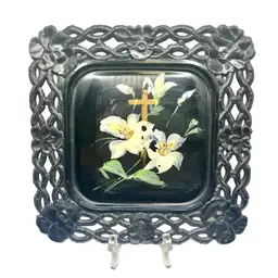 Black Milk Glass Hand Painted Lily & Cross Square Plate 8.25”