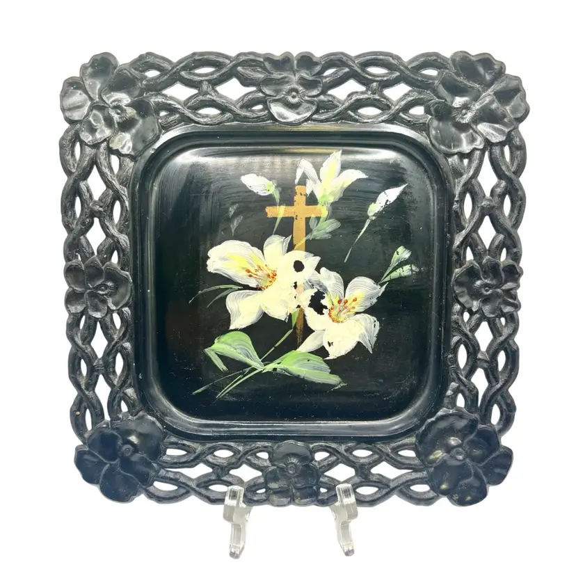 Black Milk Glass Hand Painted Lily & Cross Square Plate 8.25”
