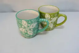 Laurie Gates Mistral Embossed Floral Coffee Tea Cup Mug Green Aqua Teal SET OF 2
