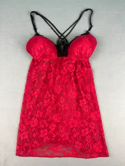Red Lace Babydoll Lingerie XL Strappy Back Padded Cups Sheer Mesh Chemise