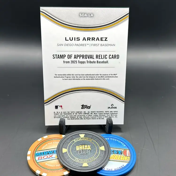 Luis Arraez 30/99 Green Stamp Of Approval Camo Game Used Relic 2025 Topps Tribute San Diego Padres **Relic From 6/23/24 Brewers At Padres. Arraez Had 2 Hits 1 RBI**