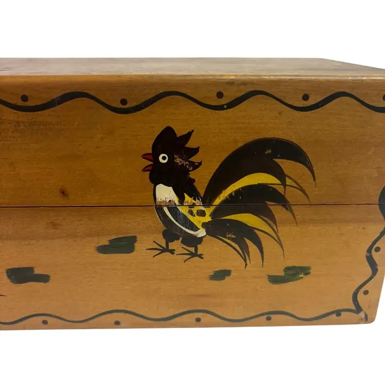 Vintage Woodpecker Woodware Hand Painted Roosters Lidded Box 12”x5”