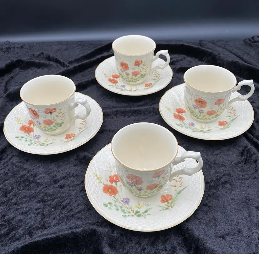 Vintage Mikasa (Japan) Fine Ivory Cups & Saucers, "Margaux" D1006, Set of 4 MINT