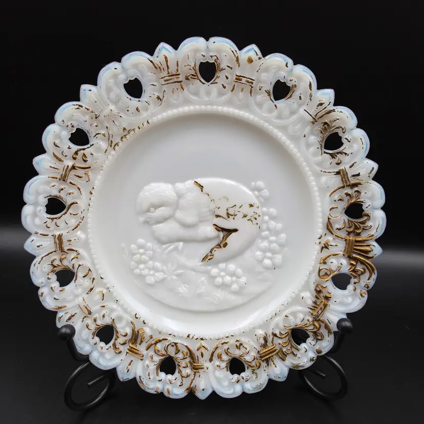 Antique Milk Glass Plate -Hatching Baby Chick.