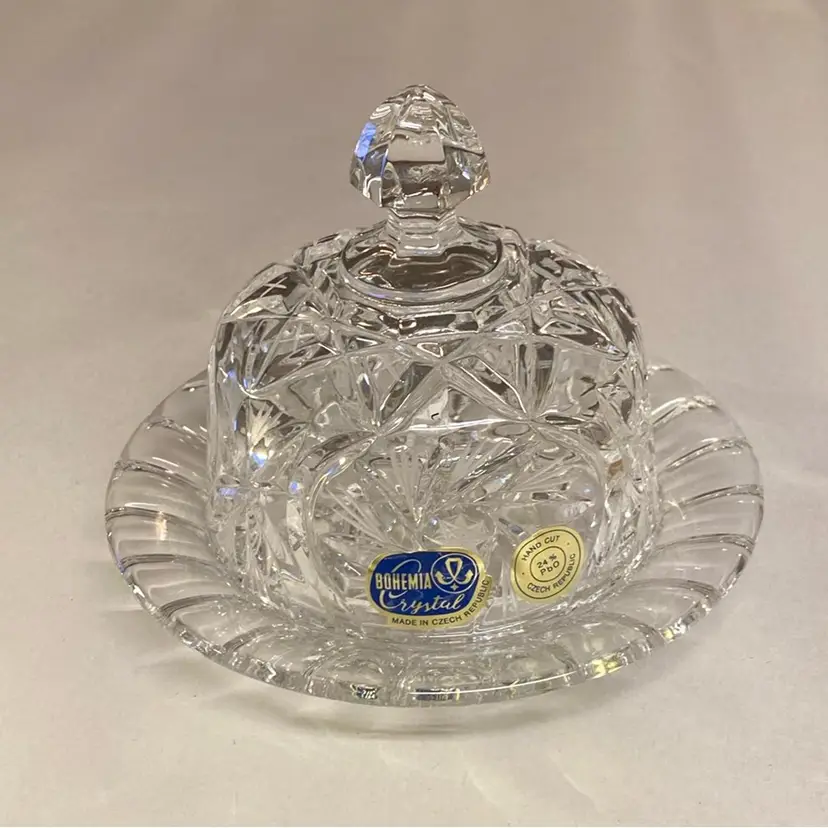 #0119 Bohemian Lead Crystal Hand Cut Czech Glass Butter Domed Lid Dish