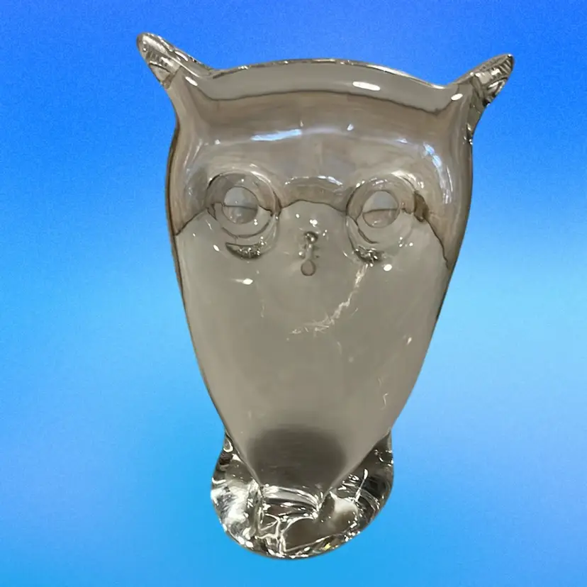 22. MCM Stylized Clear Hand Blown Glass Owl Figurine Paperweight Rainbow 1960s 4-1/2” Tall