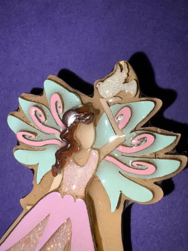 Vintage Lucinda Angel Pin / Brooch - She is Dressed In Shimmering Pink With Aqua Wings ~ She’s Holding A White Dove ~ Has Beautiful Pink Flowers At Her Feet