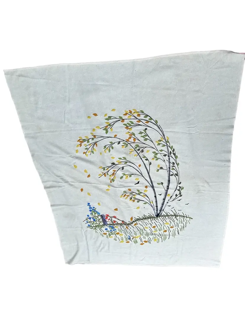 Vintage Hand Embroidered Textile Fall Tree Windy Field Leaves Pattern 53"x 67