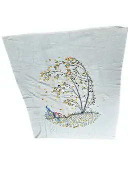 Vintage Hand Embroidered Textile Fall Tree Windy Field Leaves Pattern 53"x 67