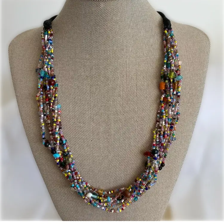 Vintage Multi Strand Glass Beaded Torsade Style Becklace