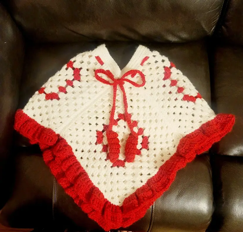 Vtg Crocheted Red White Girls Poncho Shawl Handmade Pom Poms Frill Christmas
