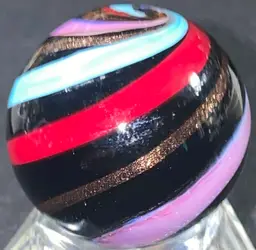 1 1/8" Signed Red Lavender Blue Black Gold Corkscrew Marble Front And Back Photos