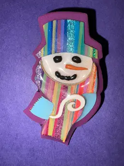 #01 Lucinda Vintage SNOWMAN Pin / Brooch ~ ADORABLE Snowman with a Purple Background With MULTICOLORED Hat and Scarf ~ Ready to Have Some FUN in the SNOW! ☃️