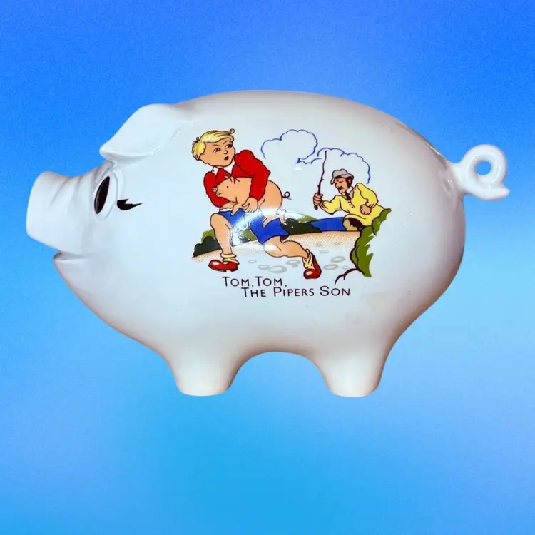 Vintage Nursery Rhyme Ceramic Piggy Bank Featuring Tom Tom The Piper’s Son w Mushrooms Caterpillar
