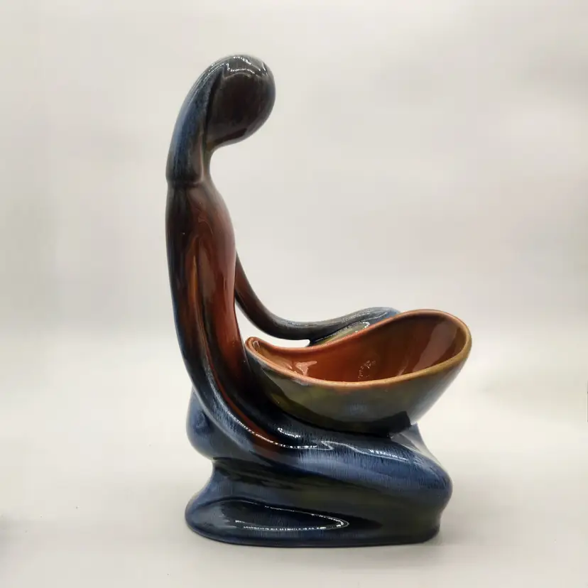 Vintage MCM Signed Lou Hoenig 1961 Blue Brown Ceramic Lady Dish California Art