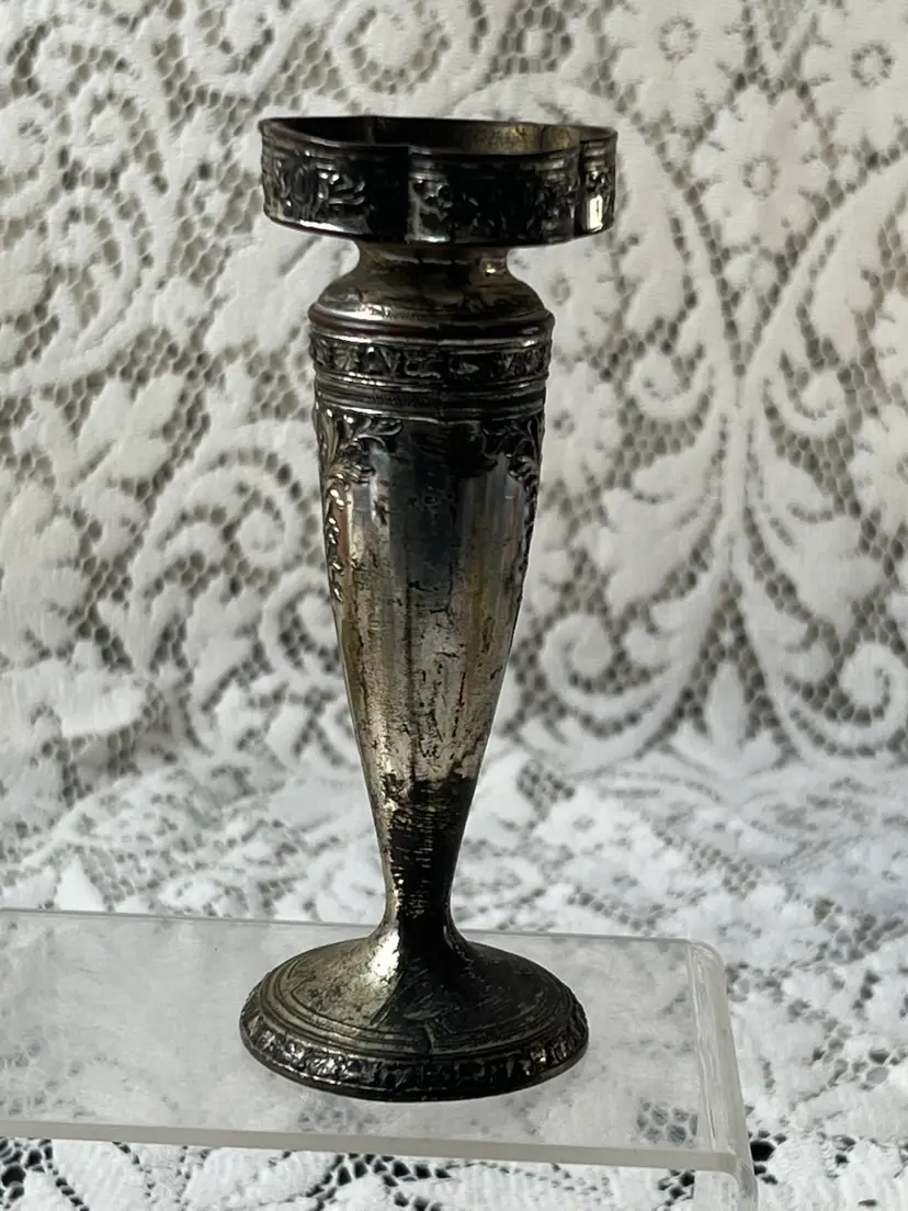 MCM Art Nouveau Rococo Silver Plate Candle Holder Vase Japan 5.25" X 2"