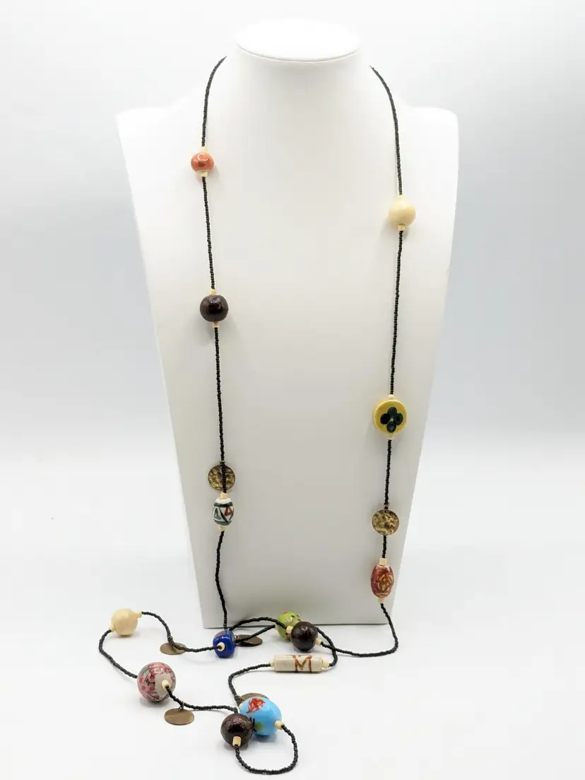Artisian Handmade Glass Metal Wood Beaded Necklace