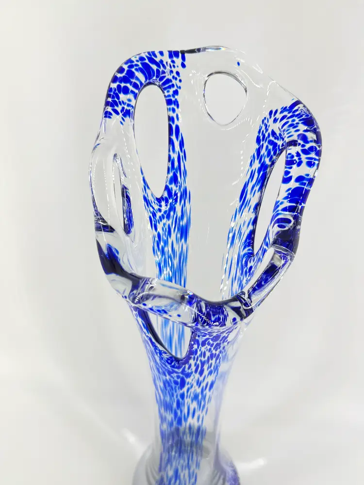 Kalina Polish Art Glass 17.5" Cutout Vase Applied Cobalt Blue Stretched Made In Poland