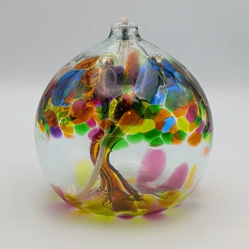 Kitras Art Glass Tree Of Enchantment Summer Large 6” Hand Blown Oil Lamp W/ Box