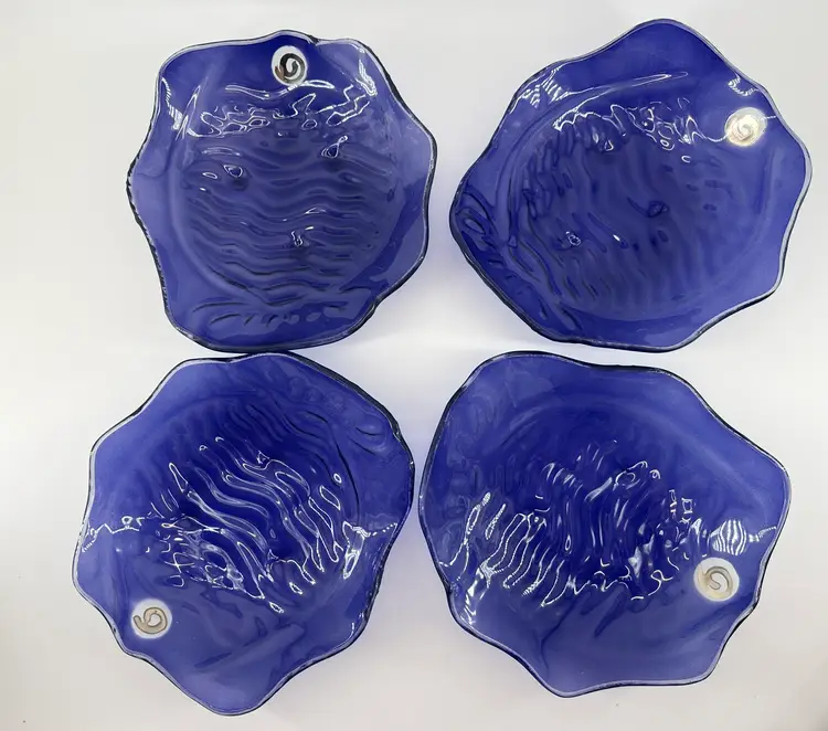 Set Of 4 Anniegass Blue Art Glass  Silver Swirl Fish Plates  8.5" 1997 Signed