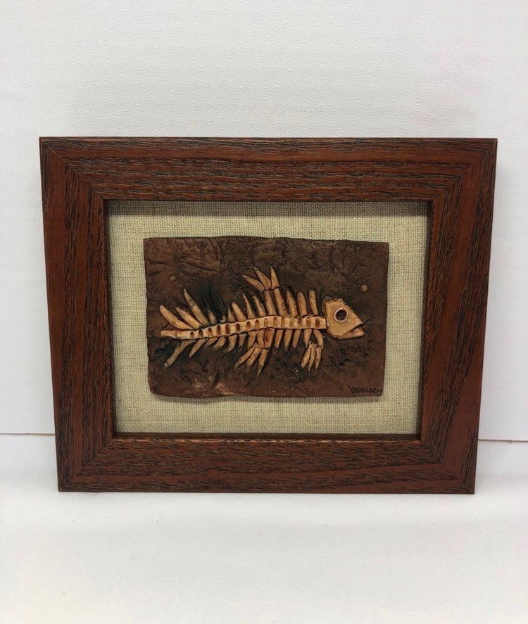Hand-Crafted Charles Golden Polymer Fossil Fish Art in Frame
