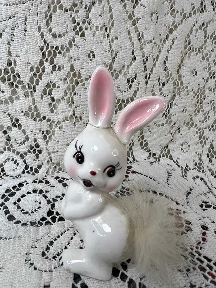 #01 120 Vintage Small Anthropomorphic Ceramic Bunny Rabbit For Tail 4" X 2.5" Repaired Ears