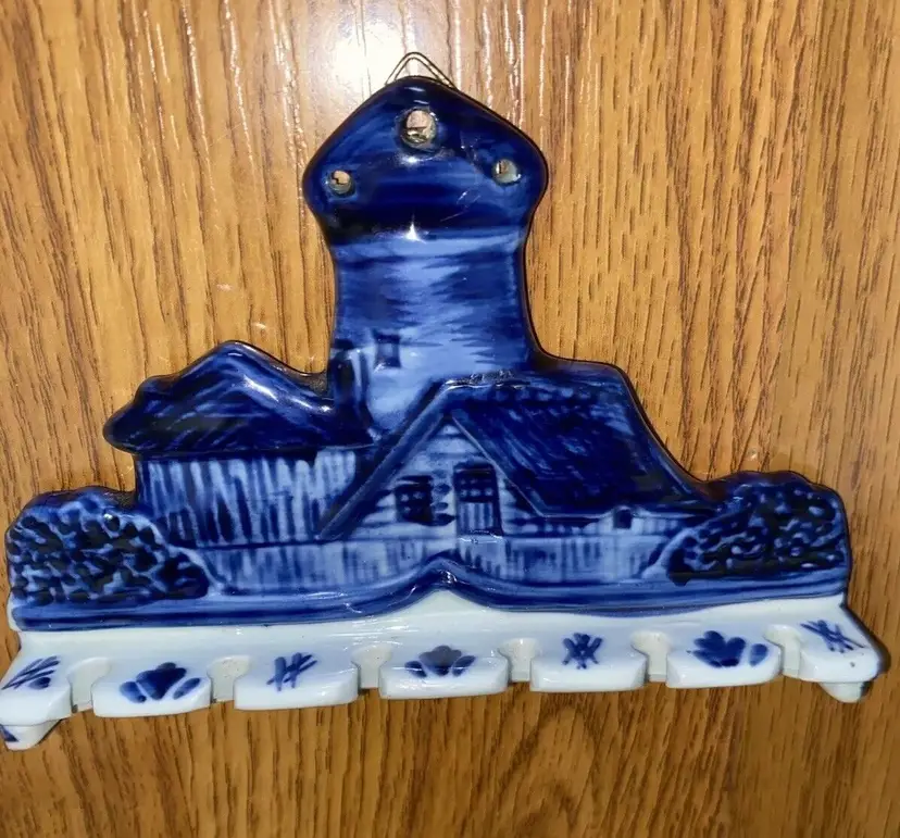 Delfts Holland Porcelain Blue Cottage Spoon Holder Rack Hand Painted 3”Vtg