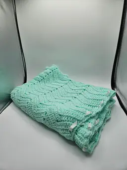 Crocheted Mint Green w/White Ribbon Baby Afghan  48" x 28"