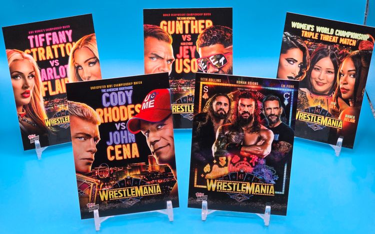 2025 Topps Now WWE WrestleMania 41 Posters 5-card set | Rhodes, Cena, Rollins, Reigns, Punk, Stratton, Flair, Gunther, Jey Uso, Ripley, Sky, Belair