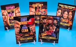 2025 Topps Now WWE WrestleMania 41 Posters 5-card set | Rhodes, Cena, Rollins, Reigns, Punk, Stratton, Flair, Gunther, Jey Uso, Ripley, Sky, Belair