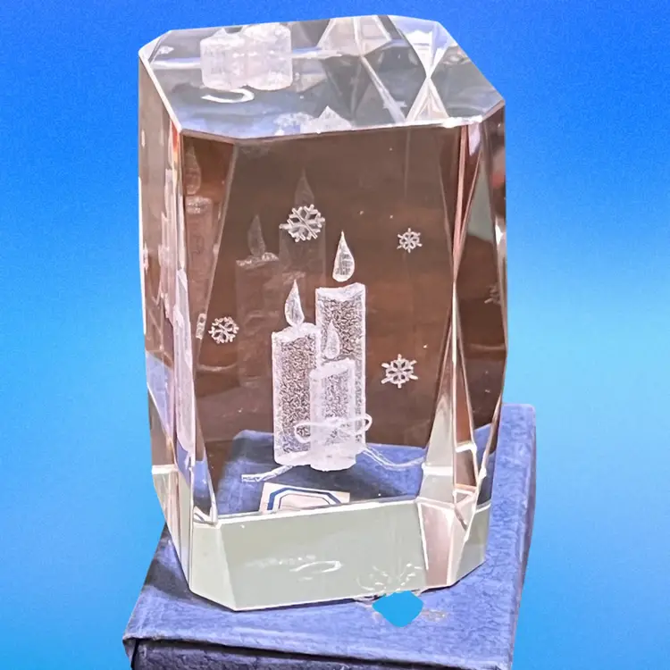 Vintage 3D Laser Etched Paperweight Clear Glass Crystal Cube Christmas Candles Snowflakes