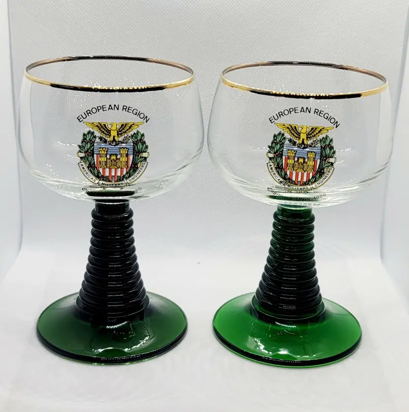 MVtg 2 Wine Glass Goblet Gold Trim Green Swirl Stem Engineers Oberammerg Germany